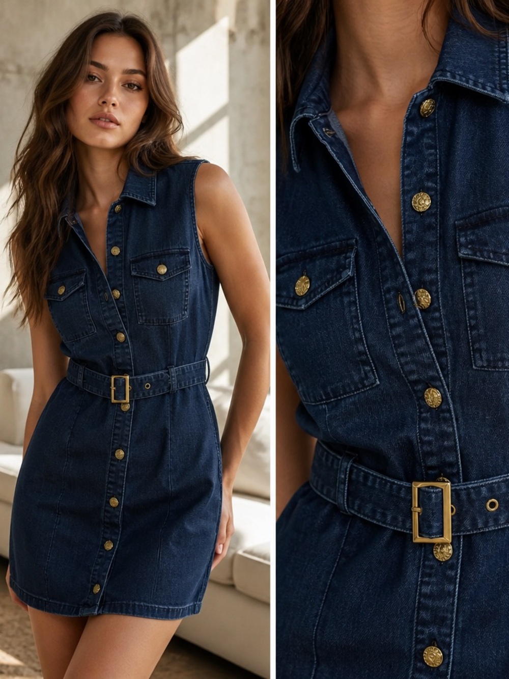 Guess Dark Blue Denim Button-Front Dress with Belt